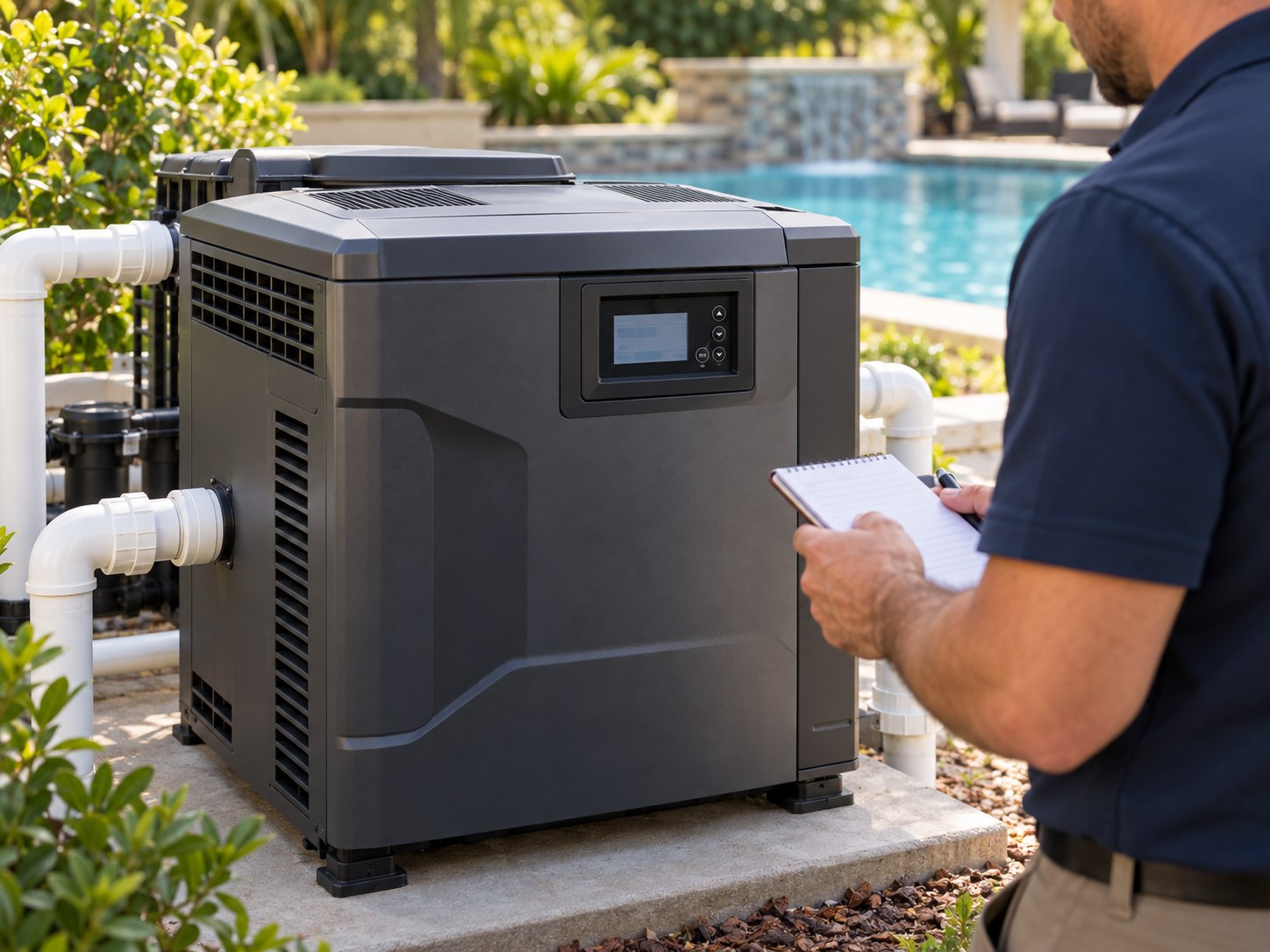 Illustration of a pool service visit showing a heater’s control panel being checked